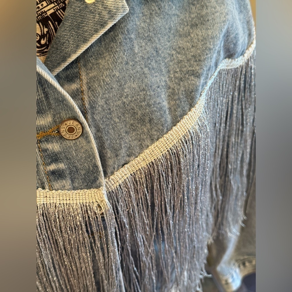 Denim Bride Rhinestone Jean Jacket Light Wash Silver Tassels Honeymoon Small - Picture 2 of 4